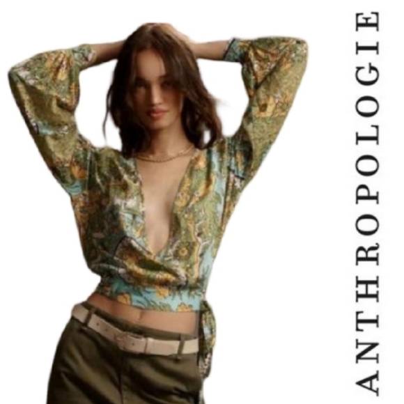 Anthropologie Tops - Anthropologie Tiny Long Sleeve Printed V Neck Wrap Top